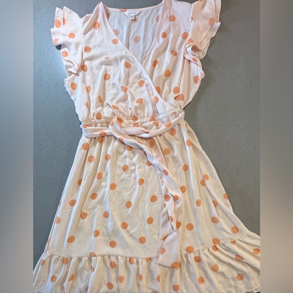Lauren Conrad Faux Wrap Midi Dress XXL Womans peach‎ Polka Dot Flutter Sleeve - Picture 2 of 7